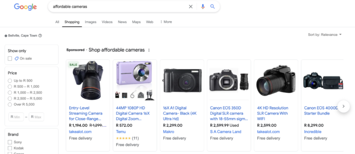 Goggle Shopping interface of cameras